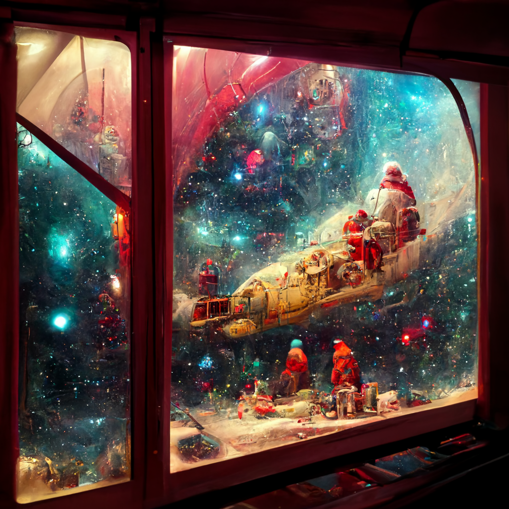Santas workshop inside a spaceship galaxy window