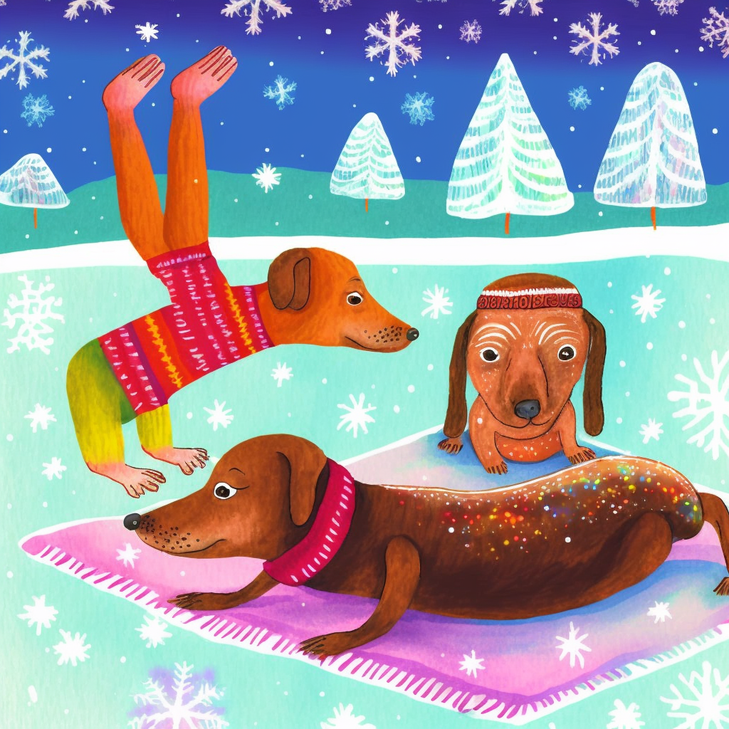 A cute baby mole rat and a dachshound doing yoga in a winter wonderland, bright christmas colors