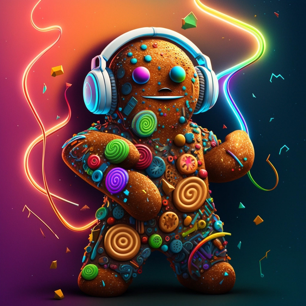 Gingerbread man wearing headphones