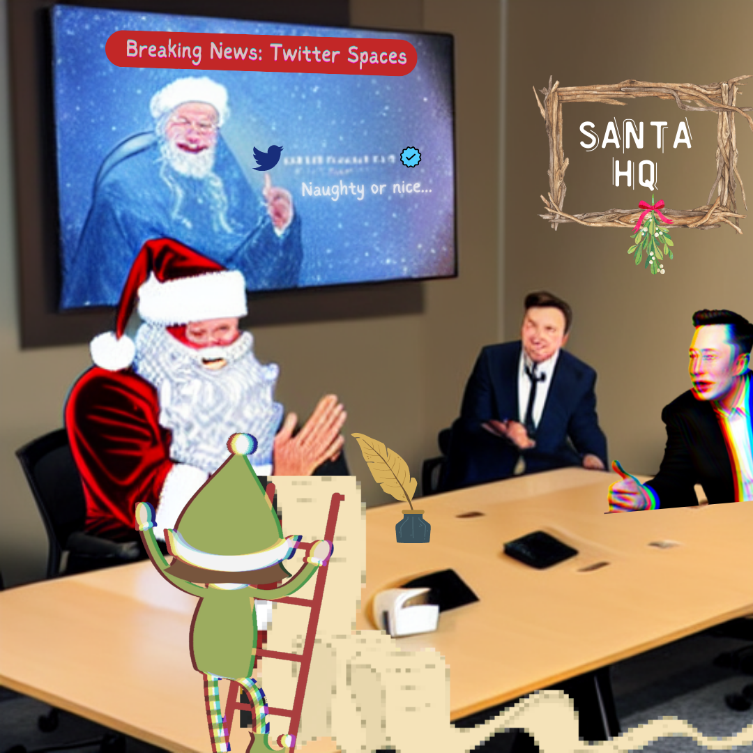 Santa sitting at a conference desk with elon musk - Linda Rey