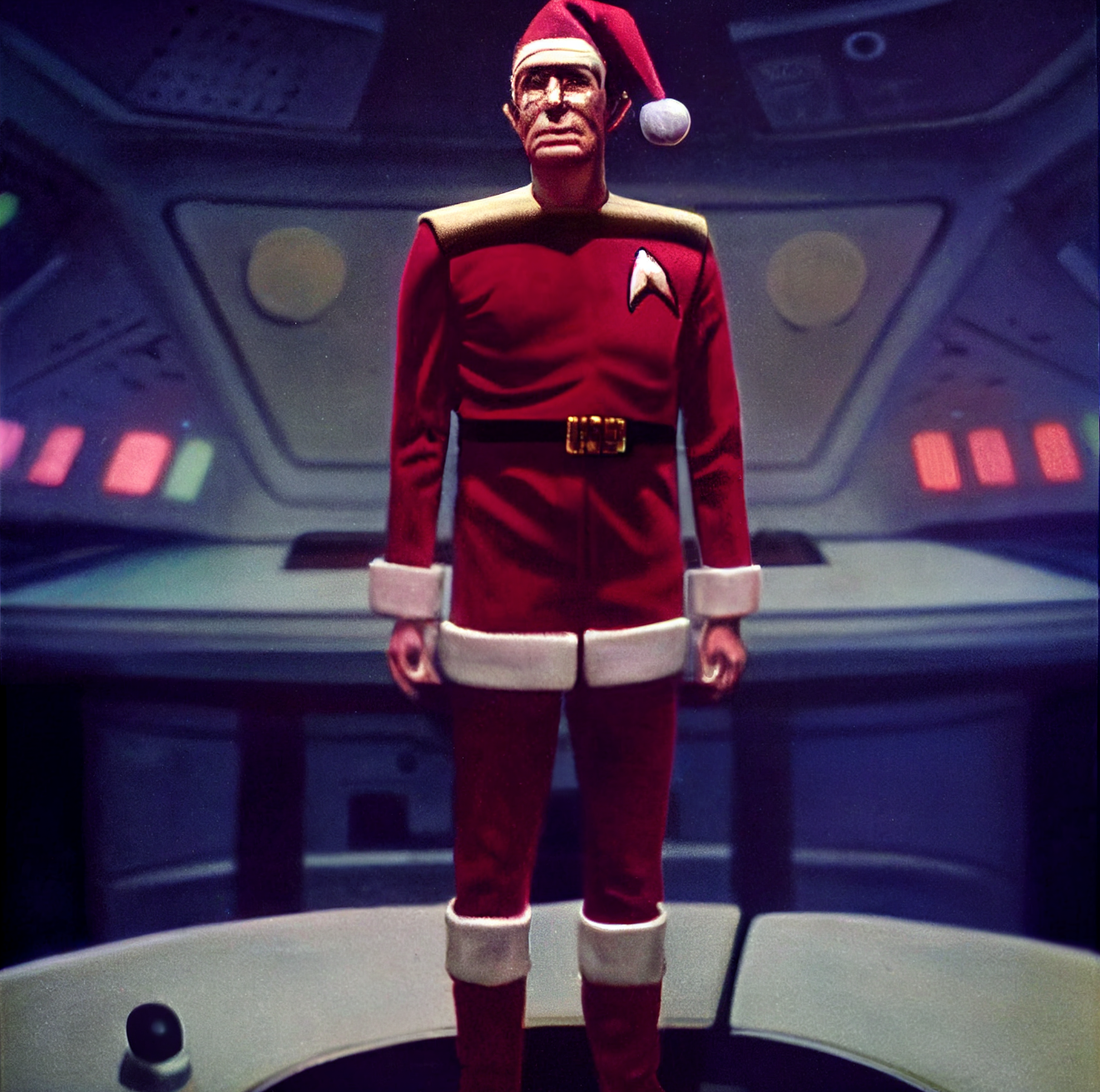 Mr. Spock as a Christmas elf on the deck of the Starship Enterprise, photorealistic