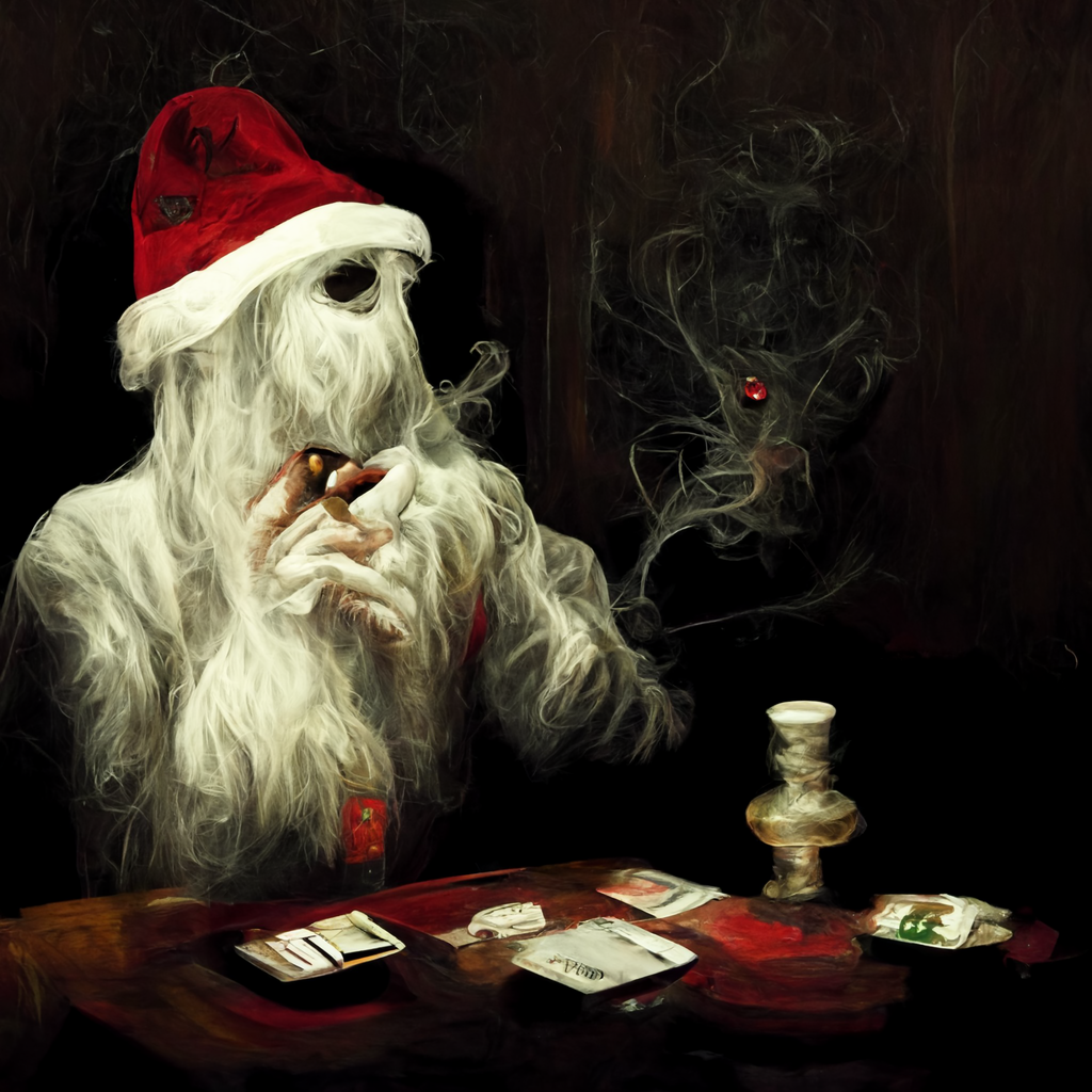 Ghost of christmas past wearing a santa hat playing poker while smoking a cigar