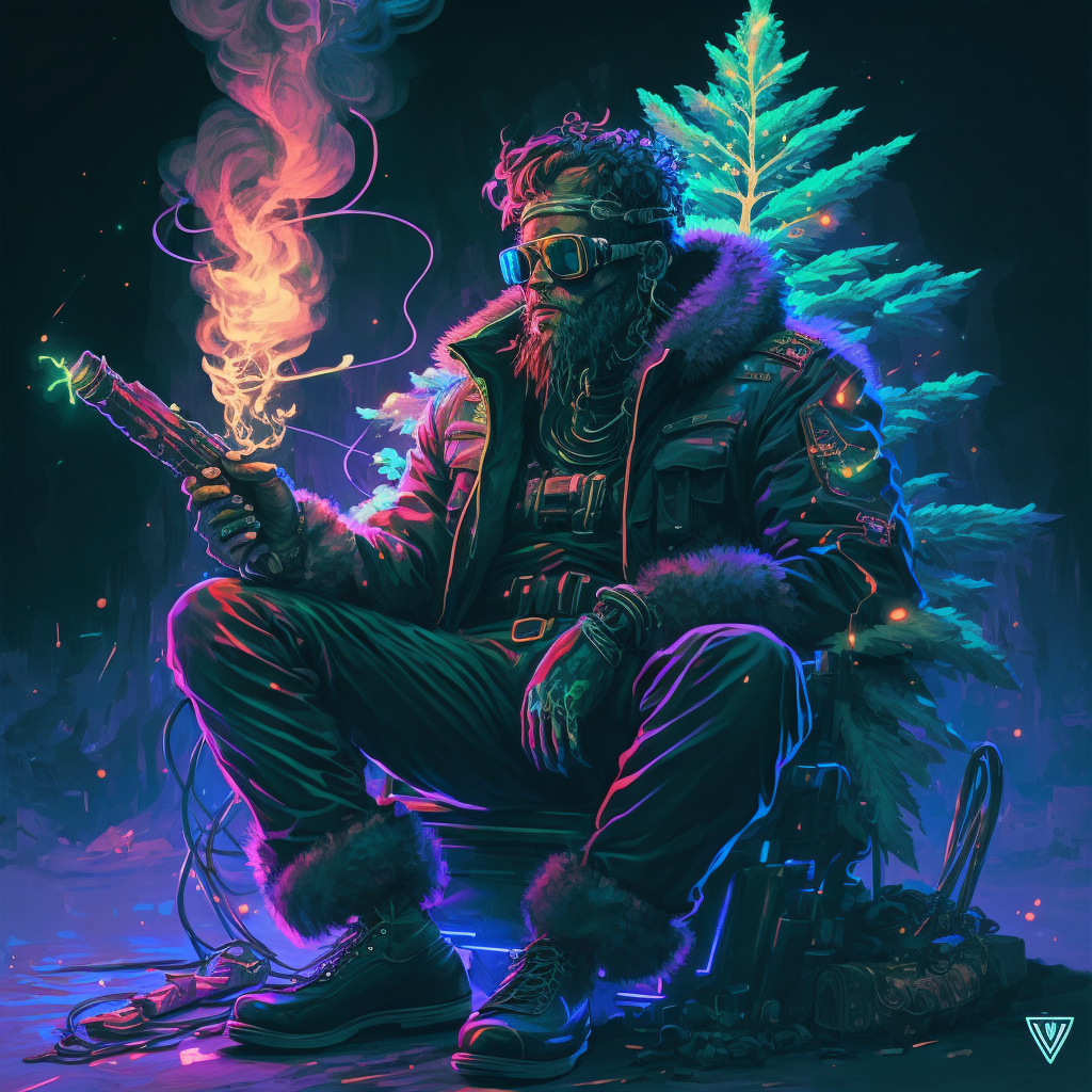 AI image Yule lad smoking a Christmas tree, Vaporwave